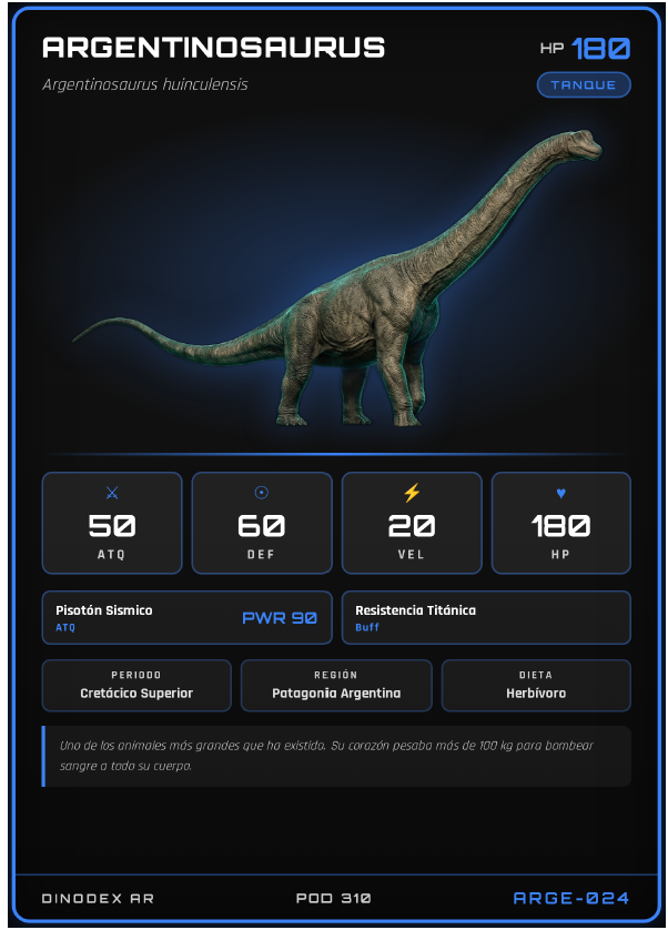 Carta coleccionable de Argentinosaurus — tipo tanque, rareza alta