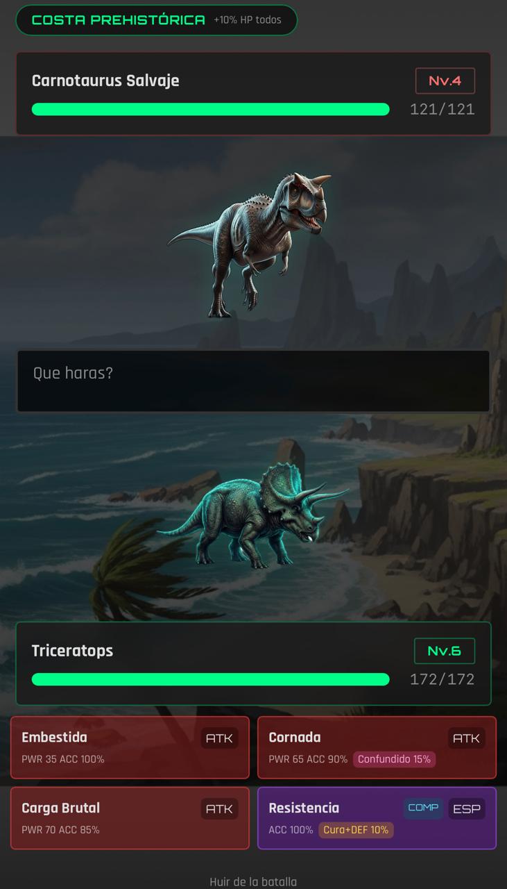 Pantalla de combate PvE en la arena de Dinodex