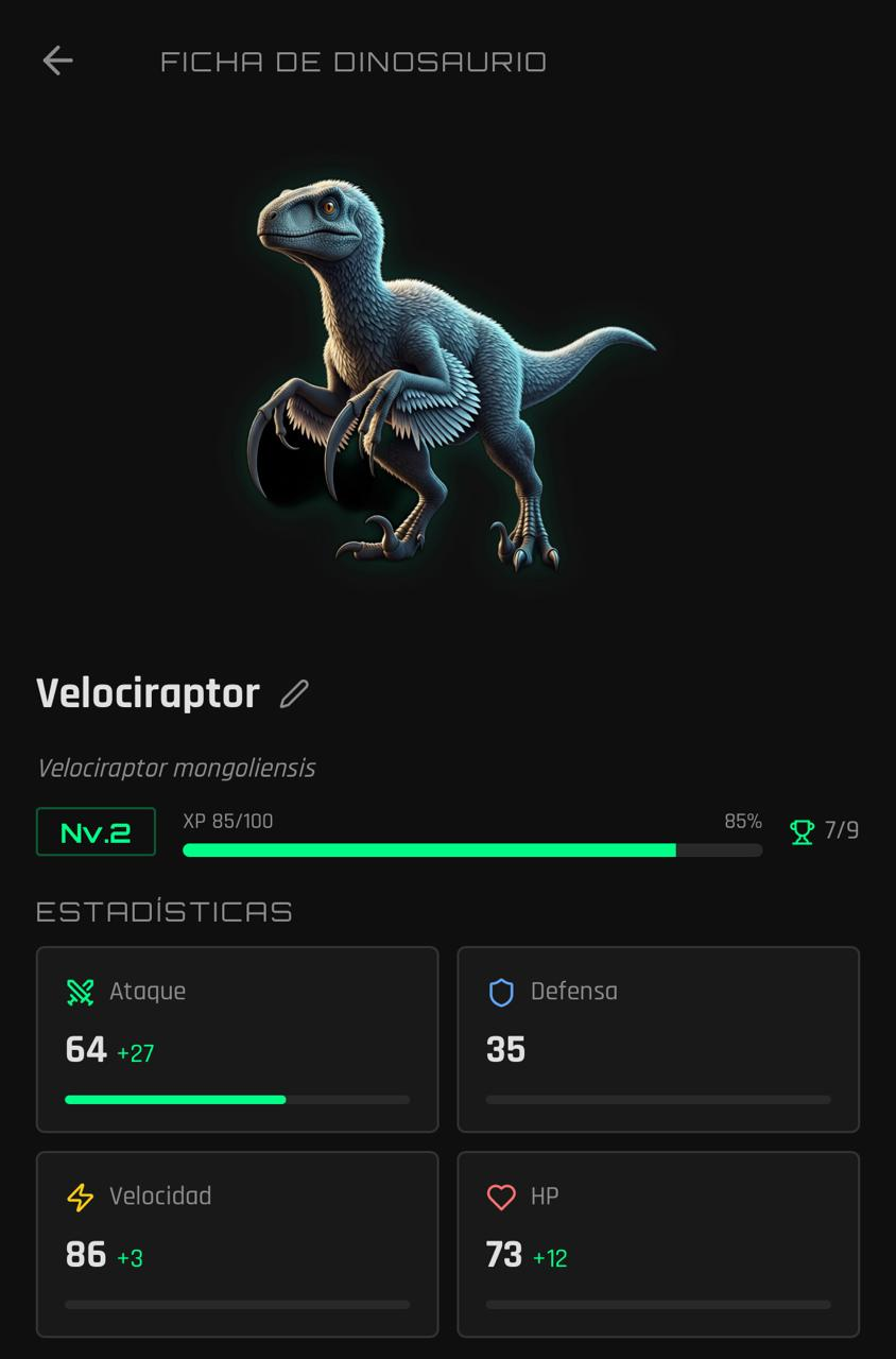 Captura de pantalla de la ficha detallada de un dinosaurio en Dinodex