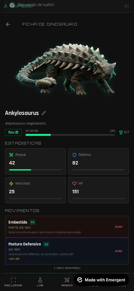 Pantalla de colección de dinosaurios en Dinodex