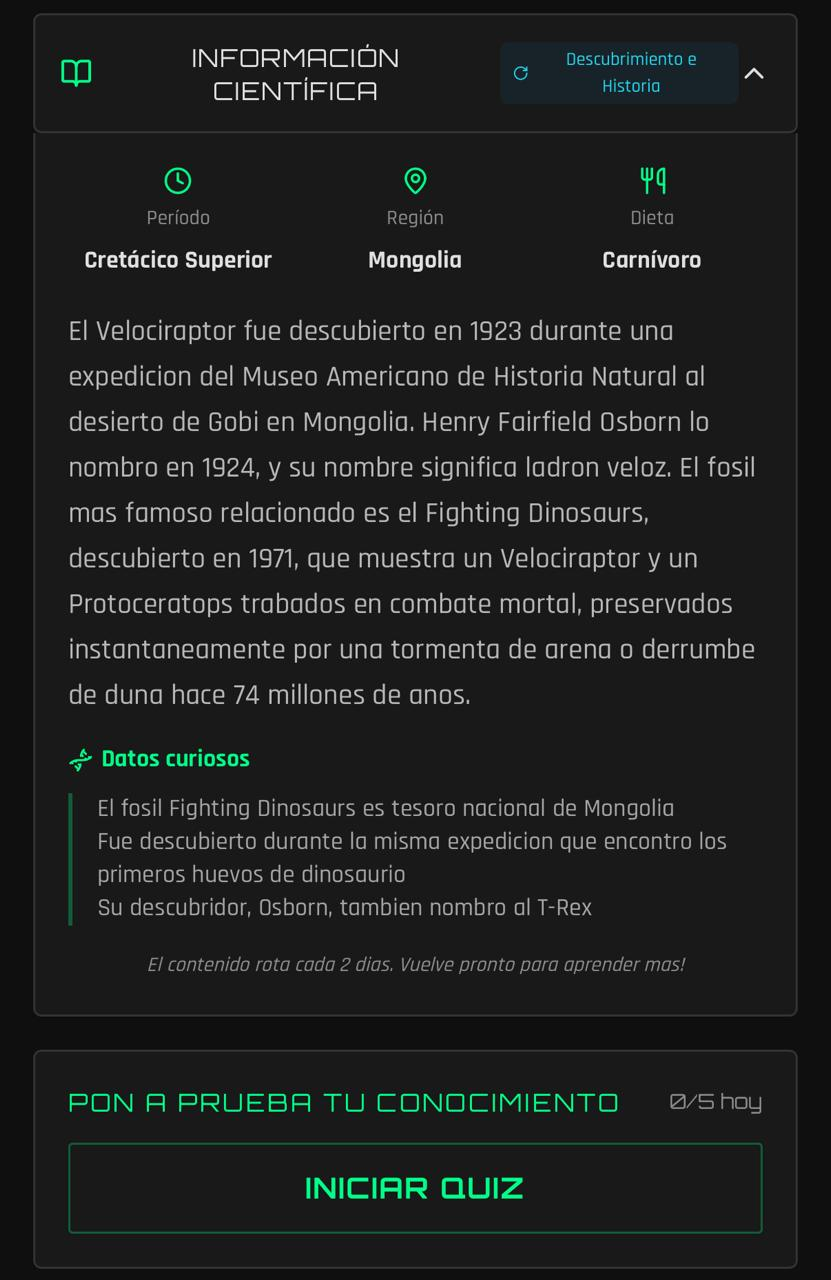 Sección educativa de Dinodex con información científica real sobre dinosaurios: período, región y dieta