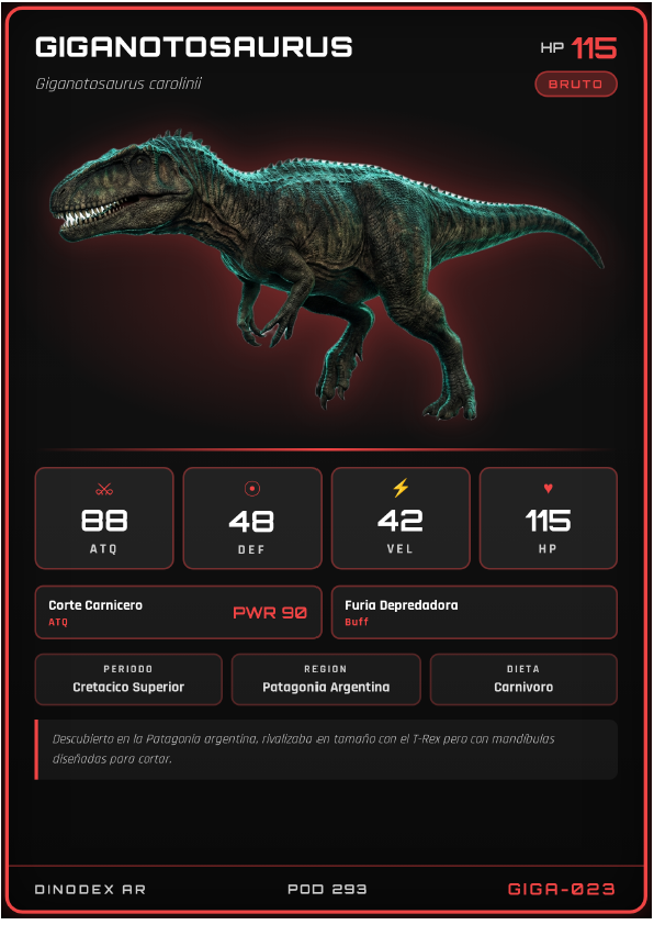 Carta coleccionable de Giganotosaurus — tipo bruto, alto ataque