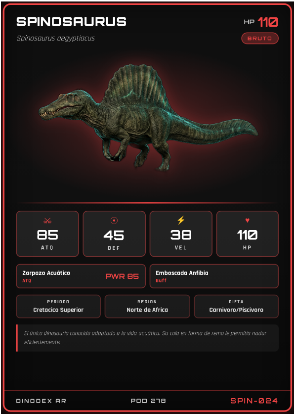 Carta coleccionable de Spinosaurus — tipo bruto, stats balanceados