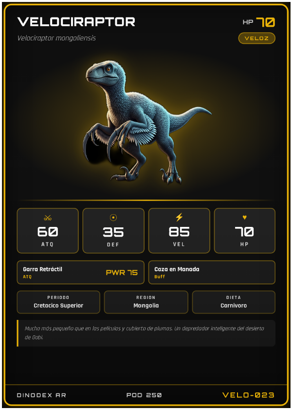 Carta coleccionable de Velociraptor — tipo veloz, alta velocidad